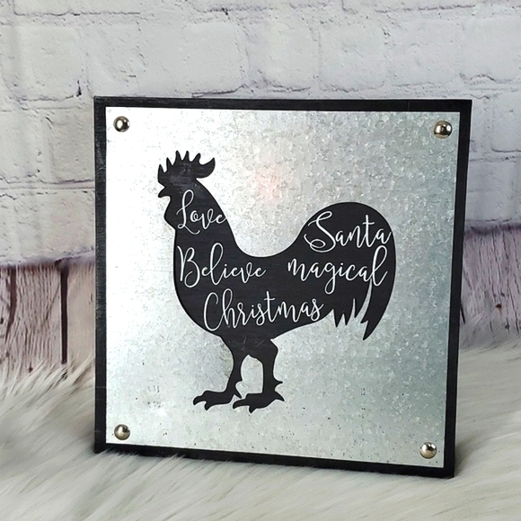 Country Christmas Galvanized Metal Chicken Rooster Xmas Farmhouse Decor 9"x9" - Picture 3 of 8